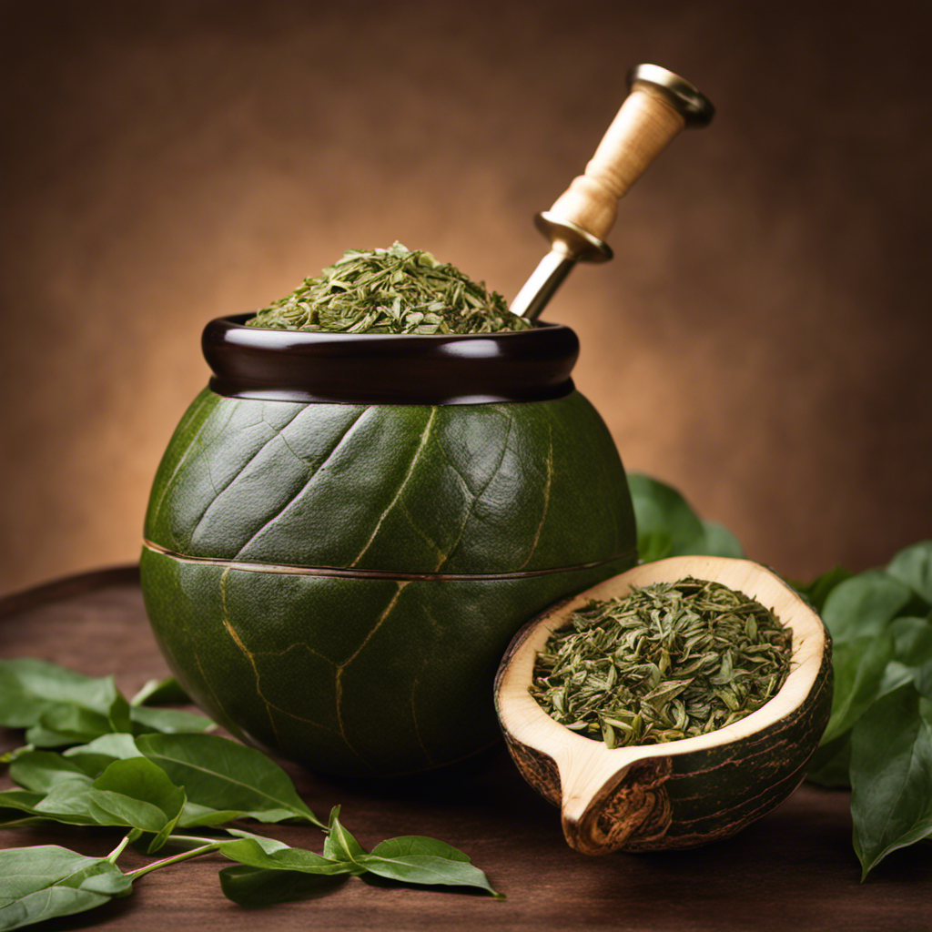 An image showcasing a traditional yerba mate gourd filled with aromatic yerba leaves, accompanied by a precise measuring cup pouring 8 fluid ounces of hot water into the gourd