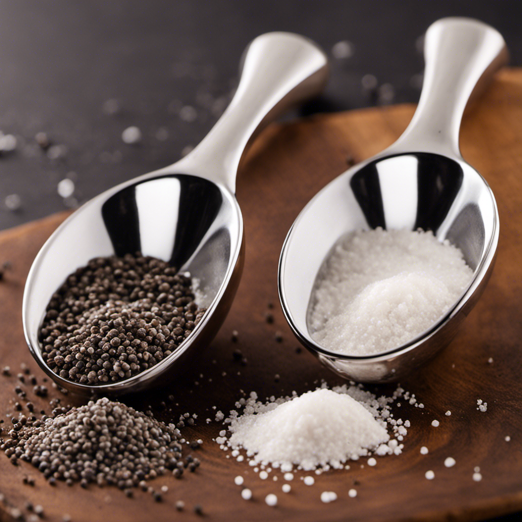 An image featuring two identical measuring spoons, one filled to the brim with salt and the other with pepper