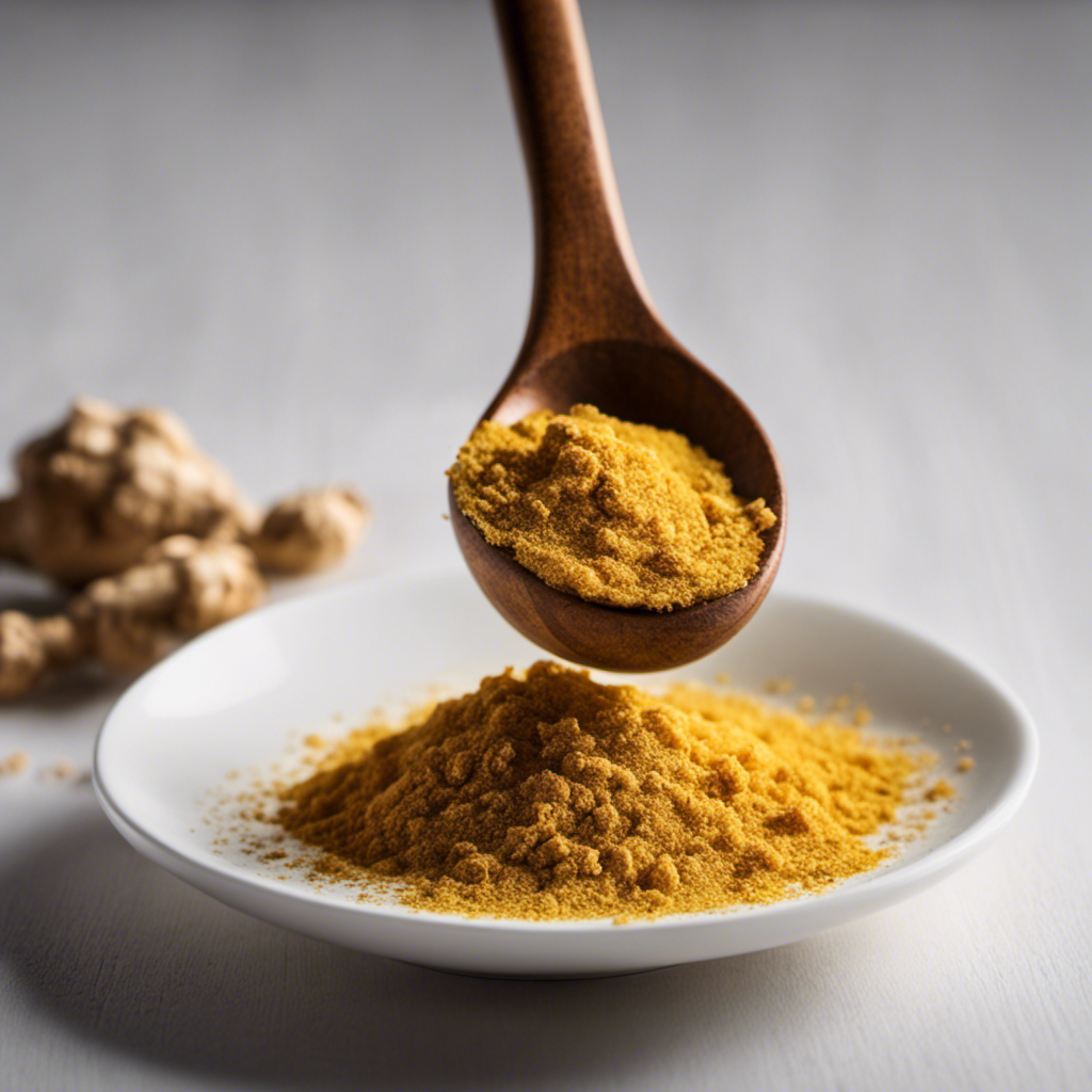 a close-up of a rustic wooden spoon delicately scooping fine, golden powdered ginger from a small jar