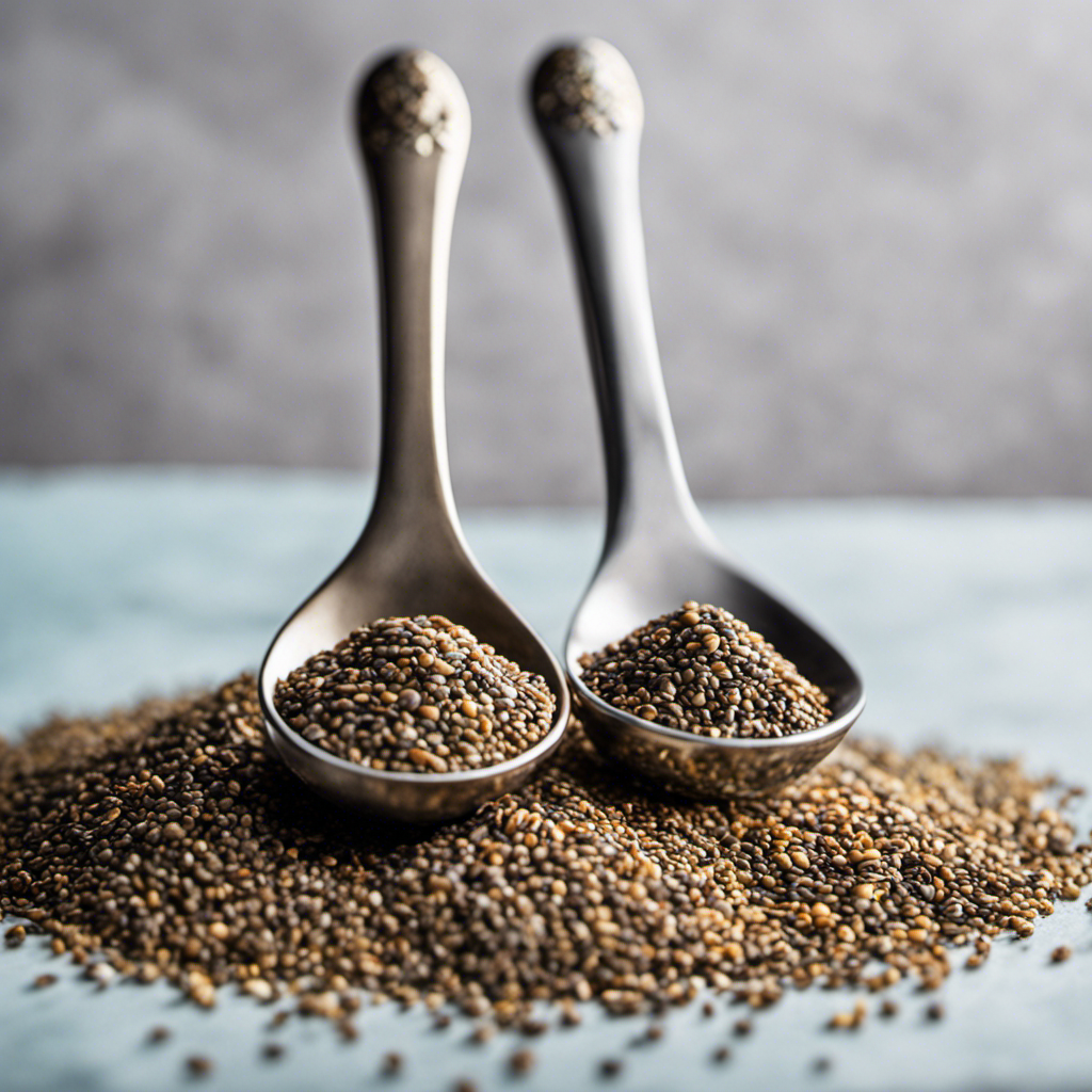 An image showcasing two measuring spoons, one filled with two teaspoons of tiny, nutrient-rich chia seeds