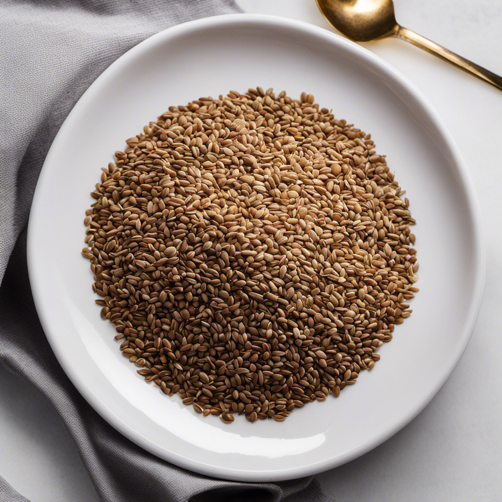 An image showcasing 6 teaspoons of finely ground flax seeds, artfully arranged on a white plate beside a small measuring spoon