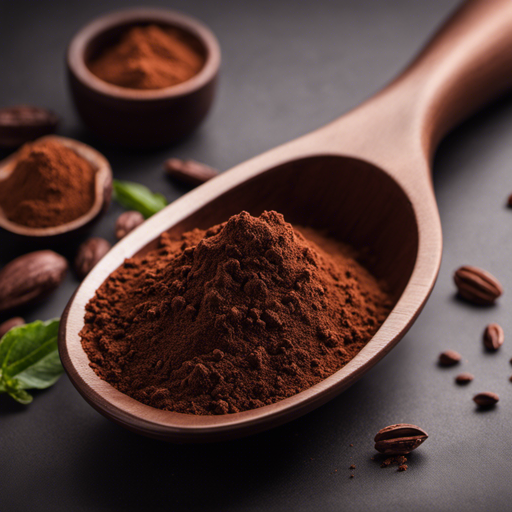 An image showcasing a tablespoon filled to the brim with finely ground raw cacao powder, highlighting its rich, dark brown color and fine texture