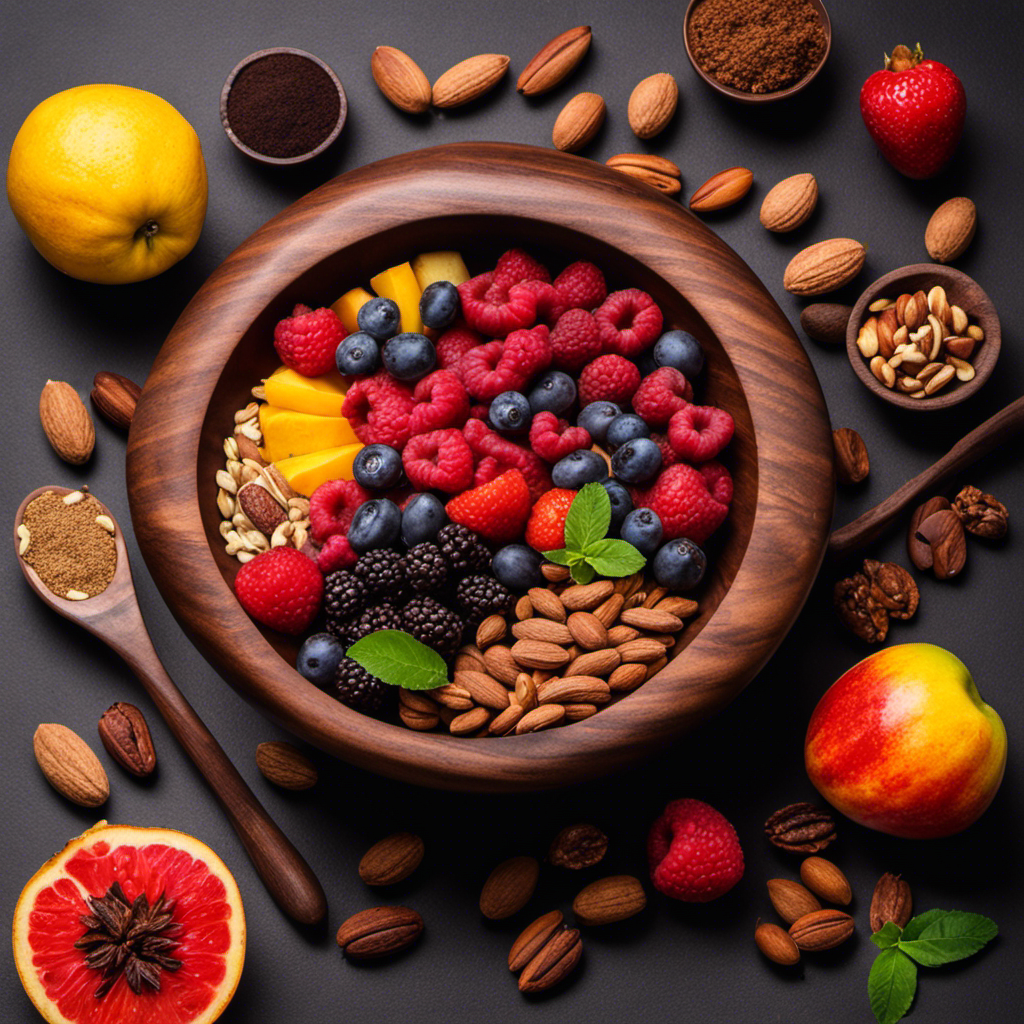 An image showcasing a wooden bowl filled with precisely measured, rich dark raw cacao powder, surrounded by a vibrant assortment of fresh fruits, nuts, and seeds, symbolizing the perfect daily dose for reaping the full benefits