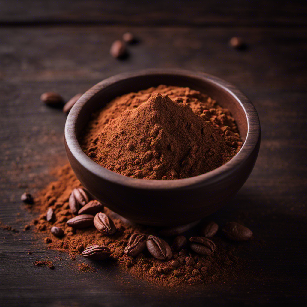 -up shot of a small bowl filled with raw cacao powder, adorned with a delicate dusting of the powder on a dark wooden surface