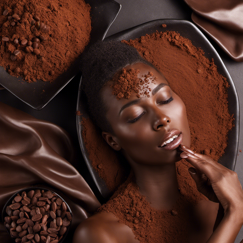 An image capturing the essence of pure bliss from consuming raw cacao powder: a beaming individual, eyes closed, savoring every bite of a luscious chocolate dessert, radiating an undeniable aura of euphoria