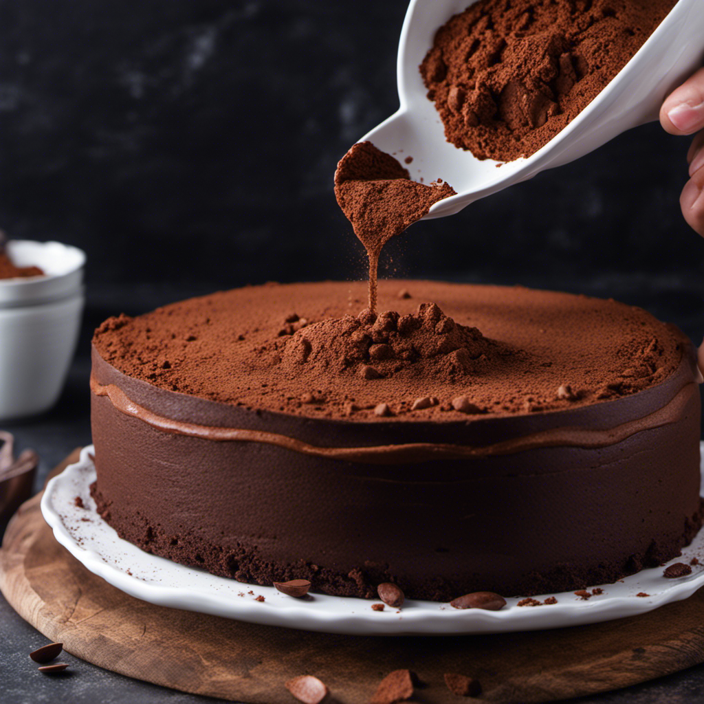 An image showcasing a close-up of a measuring spoon filled with raw cacao powder, gently being poured over a perfectly baked 8 x 13 cake