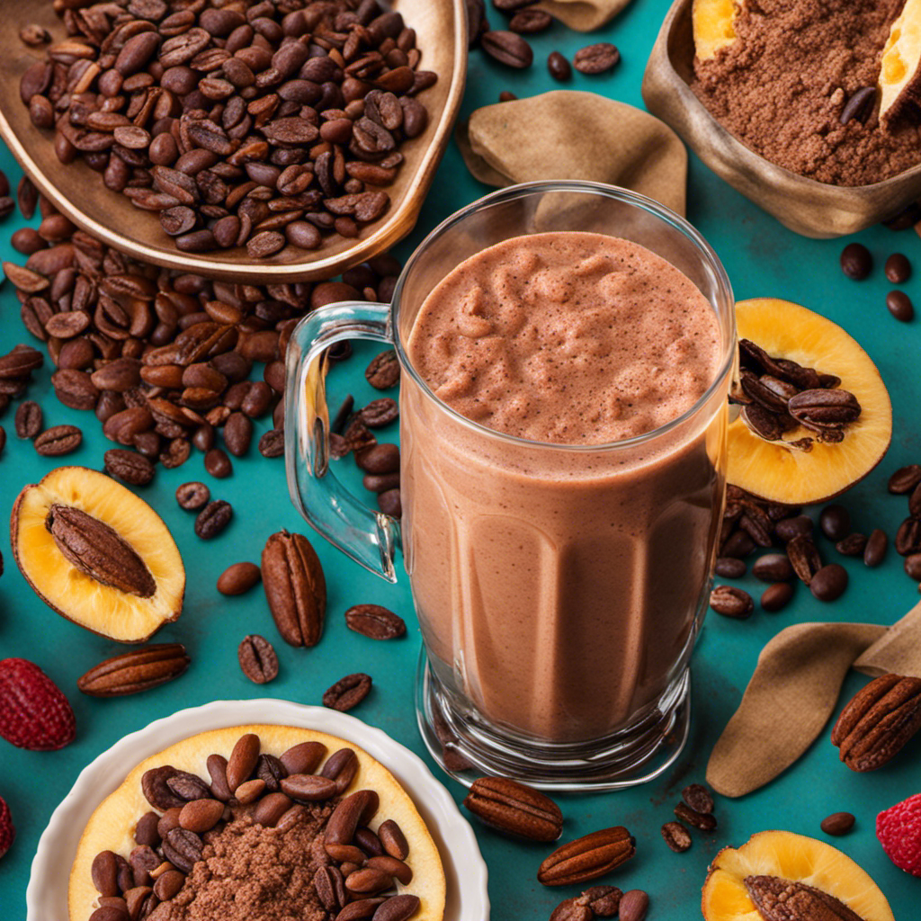 An image capturing a vibrant smoothie being poured into a blender, with a generous handful of raw cacao beans scattered around