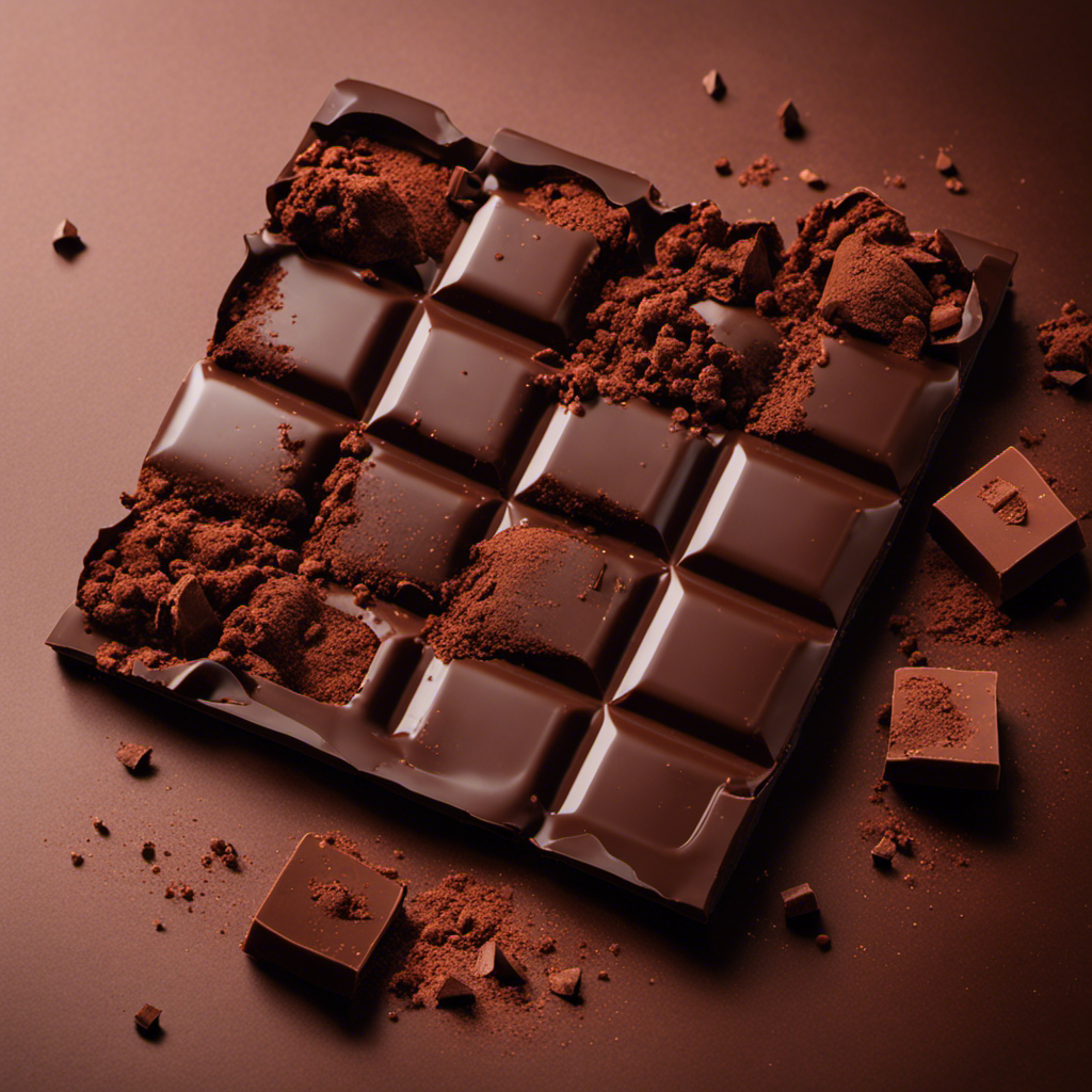 An image showcasing a close-up of a dark chocolate bar, broken in half to reveal its rich, velvety texture and revealing a sprinkle of raw cacao powder on top