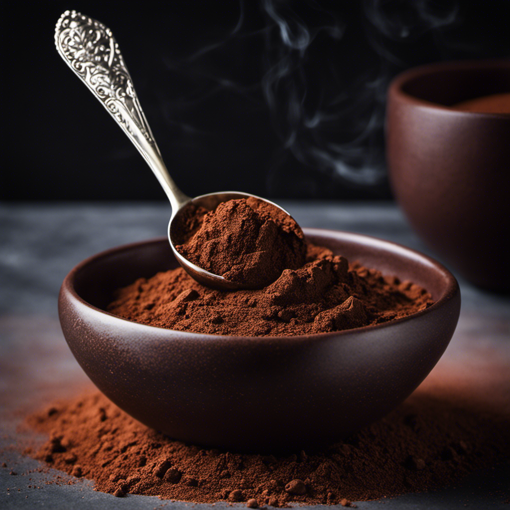 An image of a small bowl filled with velvety dark raw cacao powder, meticulously measured out with a delicate silver spoon, surrounded by a hint of cocoa dust in the air