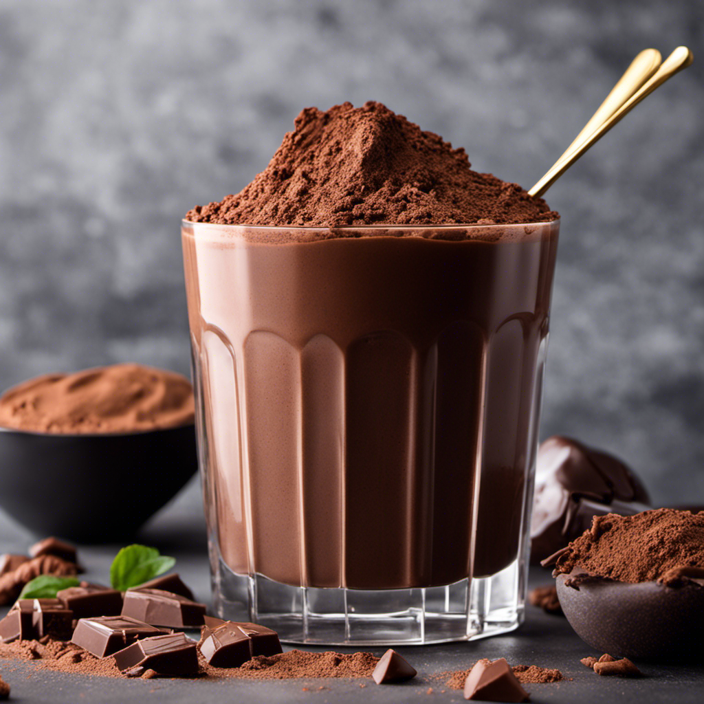 An image showcasing a protein shake with a rich, velvety texture, featuring a generous amount of raw cacao powder being added to the mix