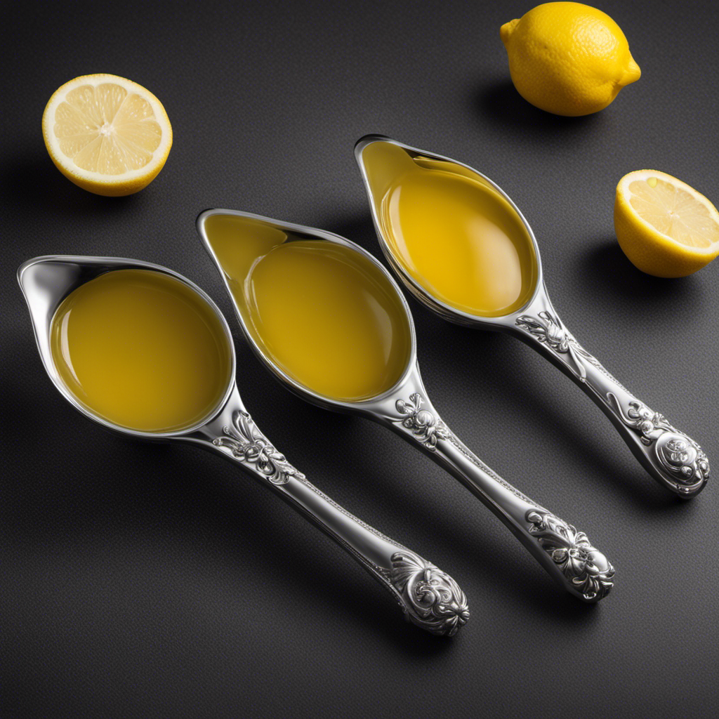 An image showcasing two identical measuring spoons side by side, with one filled to the brim with Realemon Juice, while the other contains exactly 2 teaspoons of freshly squeezed lemon juice