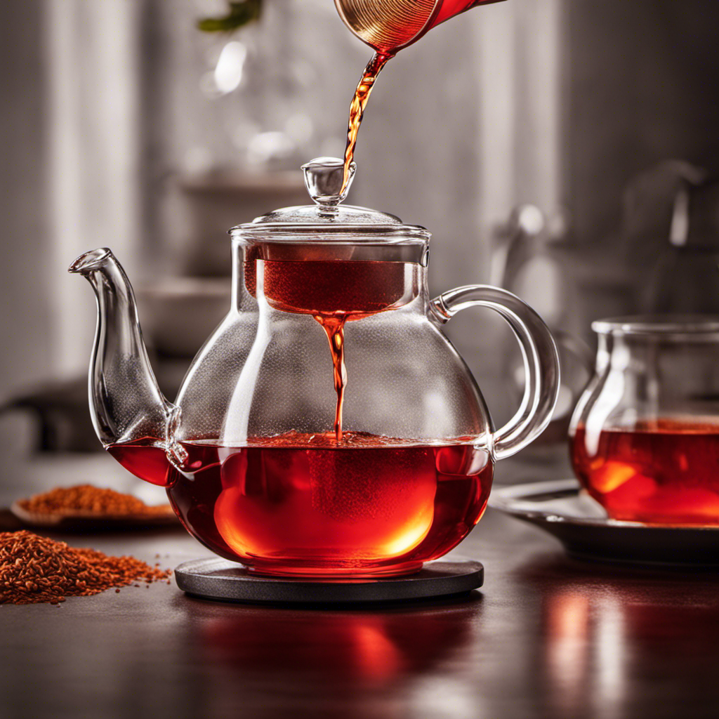 An image of a glass teapot pouring a vibrant red liquid into a clear glass, showcasing the precise measurement of Rooibos tea per liter