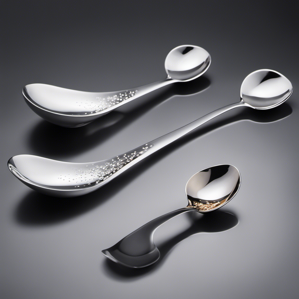 An image showcasing four elegant porcelain teaspoons delicately pouring liquid into a transparent measuring cup, capturing the mesmerizing motion of the liquid filling up to precisely four teaspoons