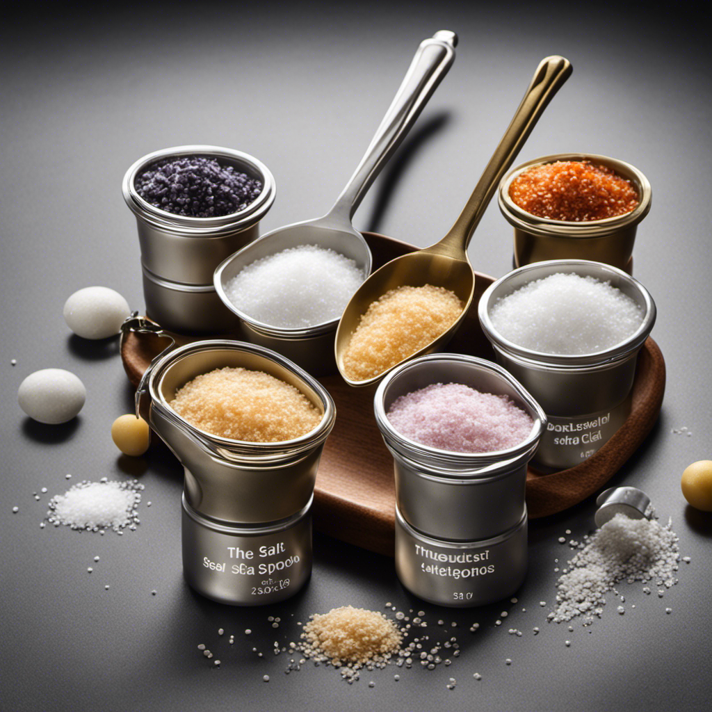 An image showcasing a measuring spoon filled with 3/4 teaspoons of sea salt, accompanied by three transparent containers filled with different types of salt, visually depicting the appropriate amount of each type required for substitution