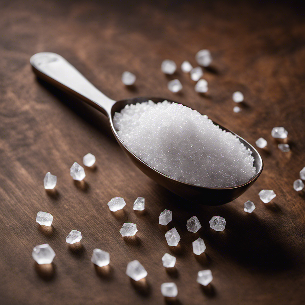 An image showcasing a teaspoon filled with salt crystals, precisely measuring 810 mg