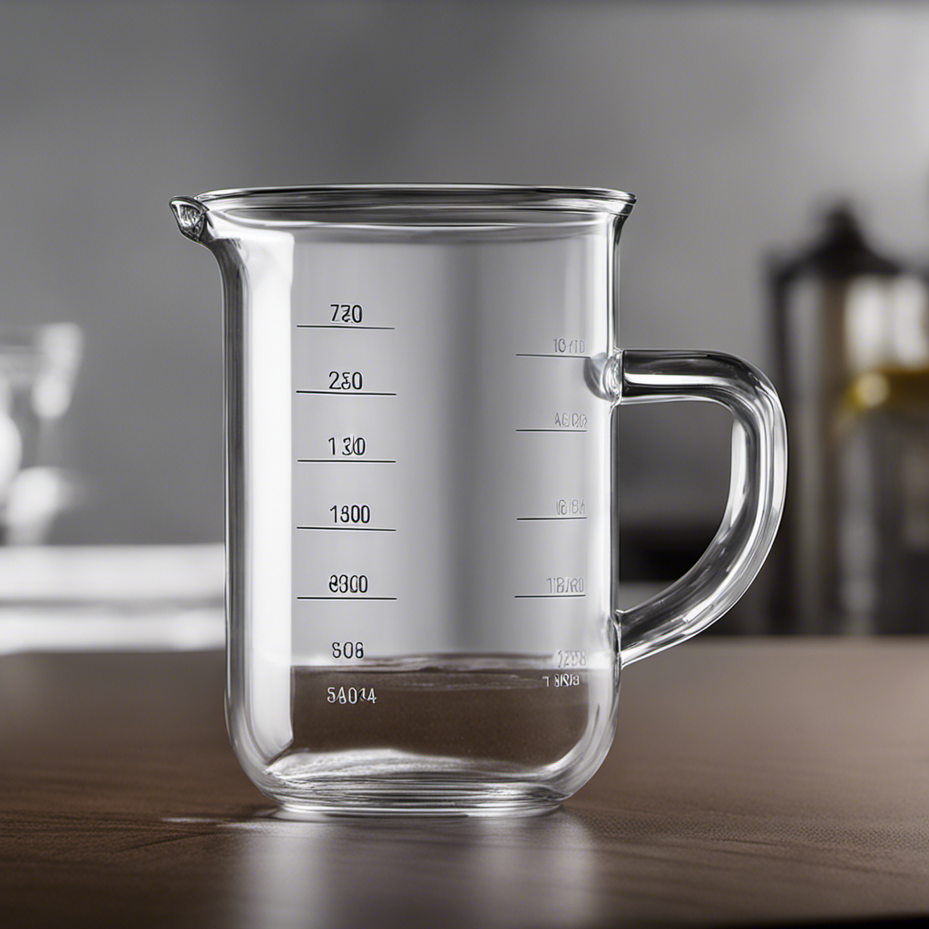 An image showcasing a clear glass measuring cup filled with one cup of translucent saltwater, perfectly capturing the proportion of salt dissolved within it by visually representing the exact number of teaspoons