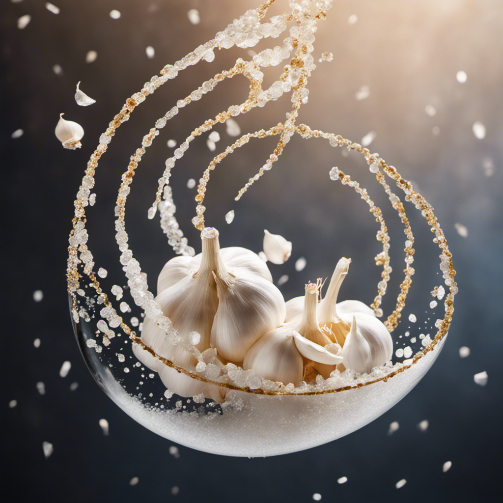 An image showcasing 8 delicate teaspoons of garlic suspended in mid-air, surrounded by a captivating swirl of salt crystals