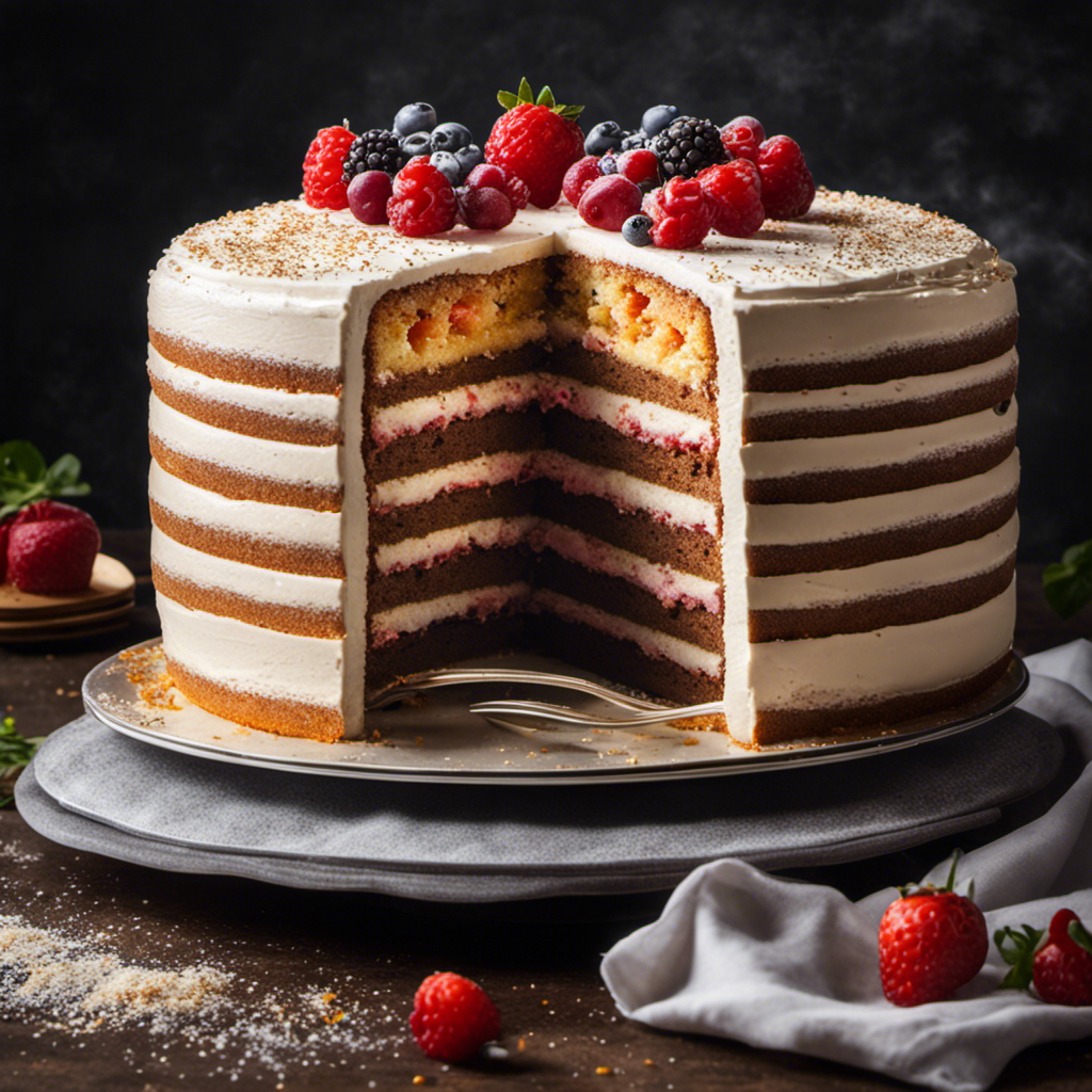 An image showcasing a 9x12 inch cake, beautifully sliced to reveal its inner layers, with two teaspoons of baking soda artistically sprinkled on top