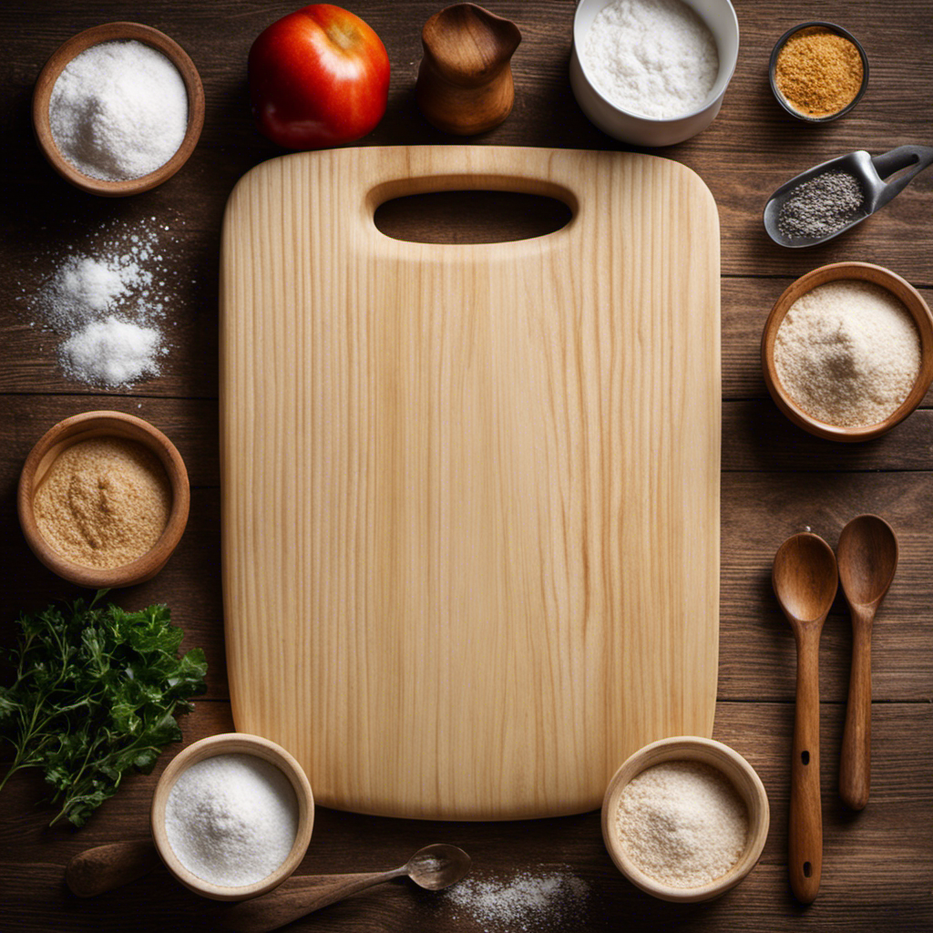 An image showcasing a rustic wooden cutting board, on which two perfectly measured cups of flour and two teaspoons of baking powder are neatly arranged, inviting readers to ponder the ideal amount of salt to add