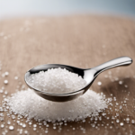 An image depicting a small, clear measuring spoon filled to the brim with two teaspoons of coarse, textured sea salt
