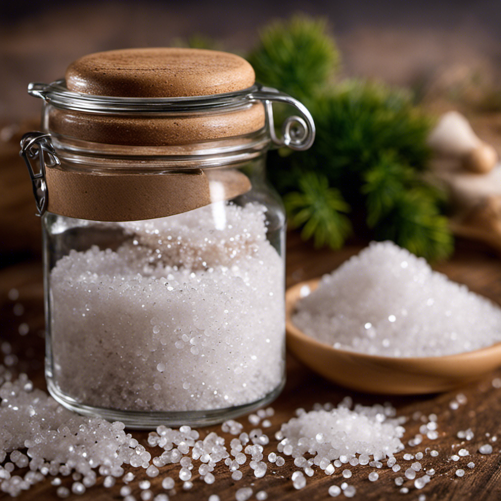 An image illustrating a small glass jar filled with 2 teaspoons of coarse sea salt, displaying its granular texture and the distinct sparkle of its crystals, emphasizing the amount of sodium it contains