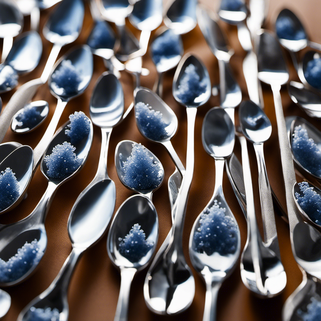 An image showcasing 16 delicate porcelain teaspoons overflowing with canning salt crystals, revealing the staggering sodium content