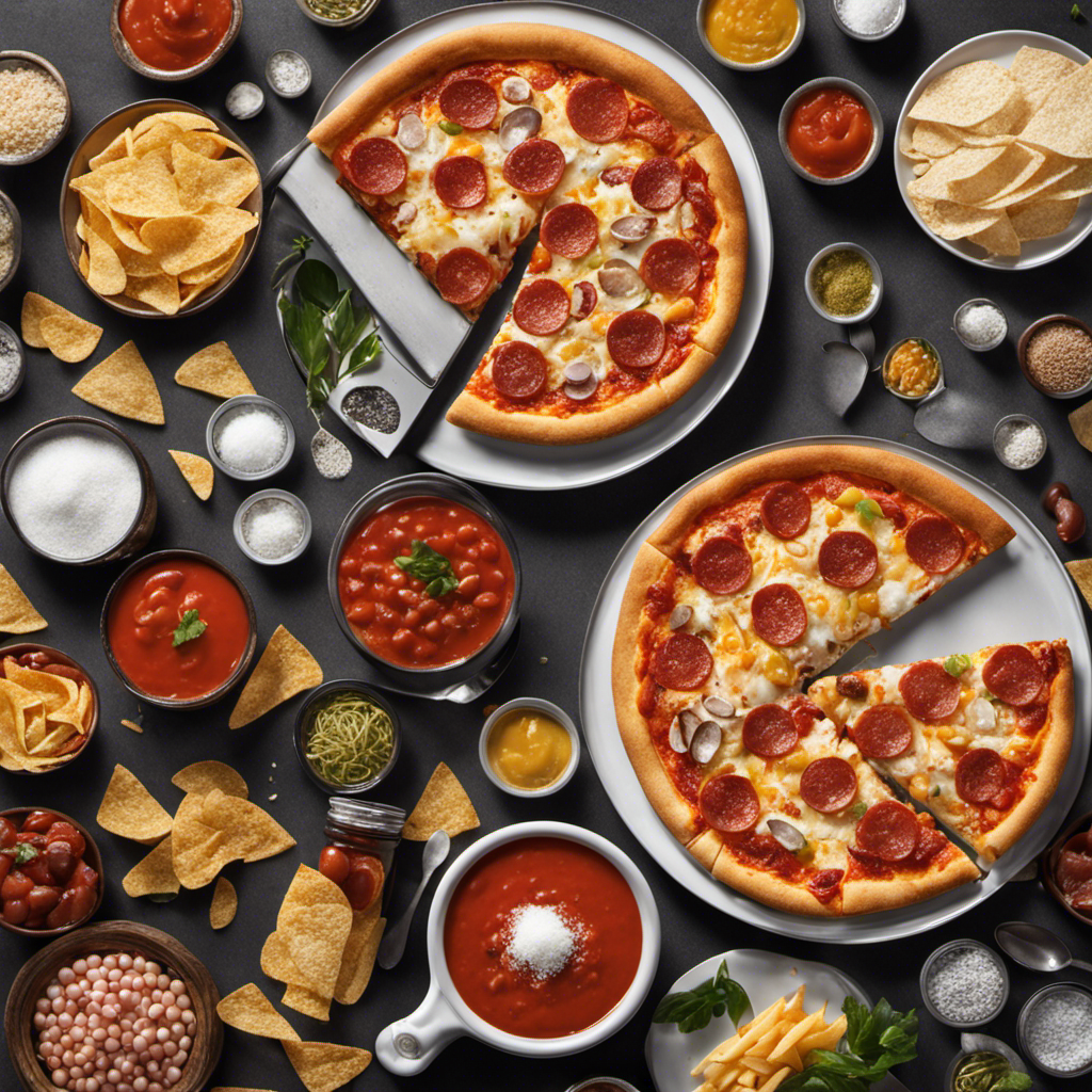 An image depicting two teaspoons overflowing with various foods: a slice of pizza, a bag of chips, a can of soup, and a salt shaker