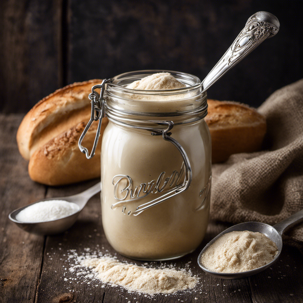 an image of a vintage measuring spoon delicately holding 2 teaspoons of yeast, juxtaposed with a rustic mason jar brimming with sourdough starter, showcasing the exact amount needed to replace yeast in a bread recipe