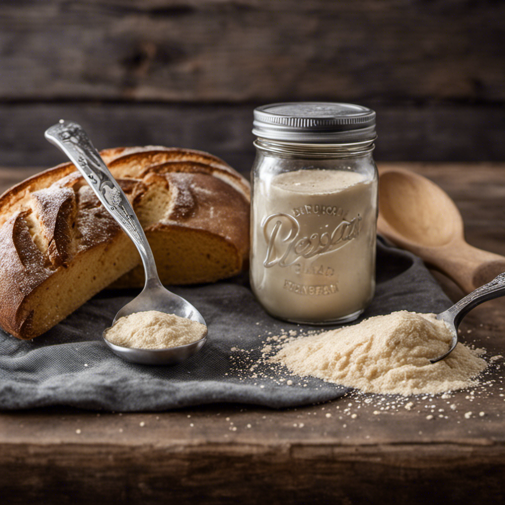an image of a vintage measuring spoon delicately holding 2 teaspoons of yeast, juxtaposed with a rustic mason jar brimming with sourdough starter, showcasing the exact amount needed to replace yeast in a bread recipe
