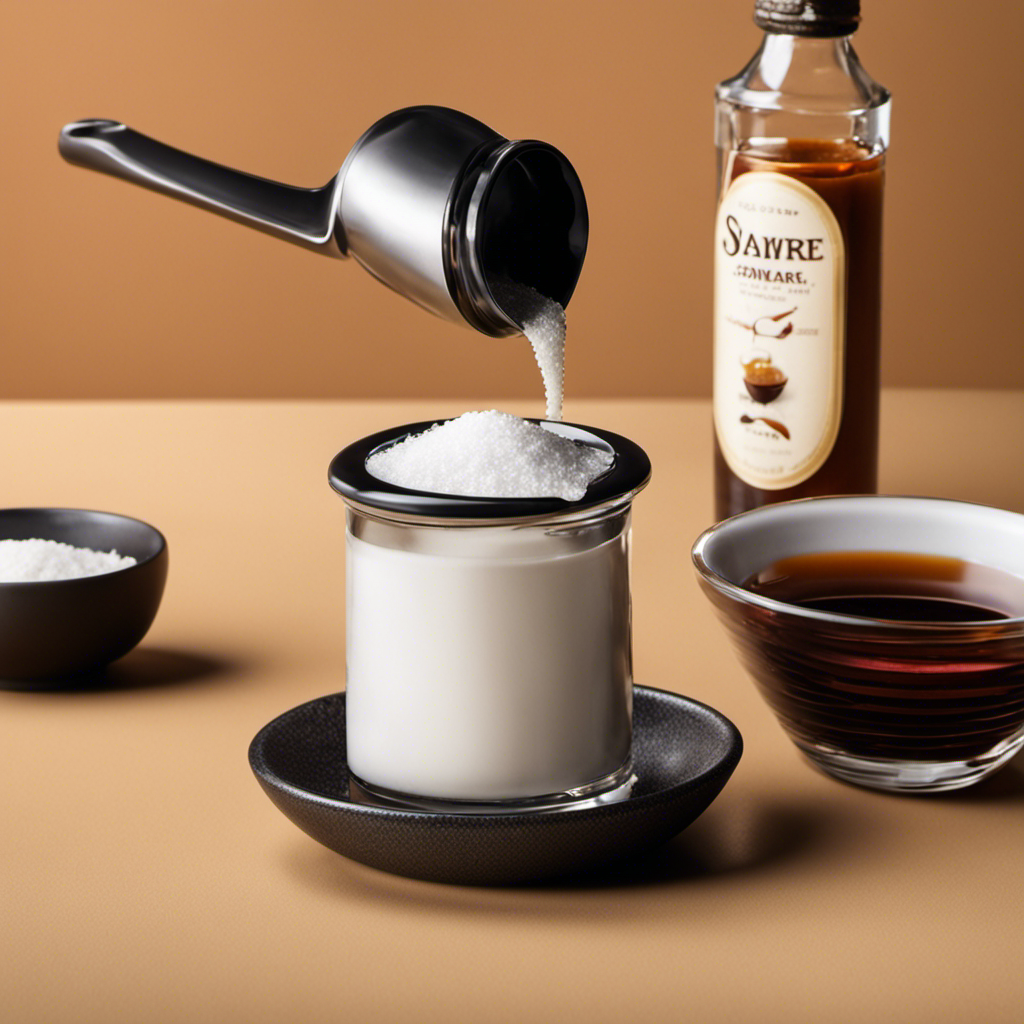 An image showcasing a small salt shaker pouring out exactly 2 teaspoons of salt into a measuring spoon, while a sleek soy sauce bottle measures out the precise amount needed to replace the salt