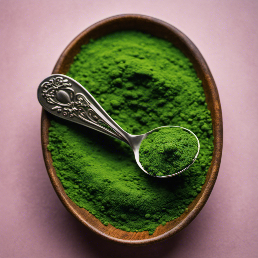 An image featuring a vibrant, green teaspoon with spirulina powder delicately balanced on its surface