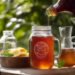 An image showcasing a clear glass jar filled with precisely measured 2 cups of mature kombucha (starter tea), poured into 1 gallon of fresh sweet tea, representing the perfect ratio for brewing delicious homemade kombucha