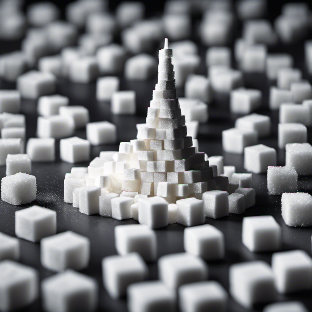 An image showcasing the shocking amount of sugar in 10 teaspoons, visually depicting a tower of sugar cubes