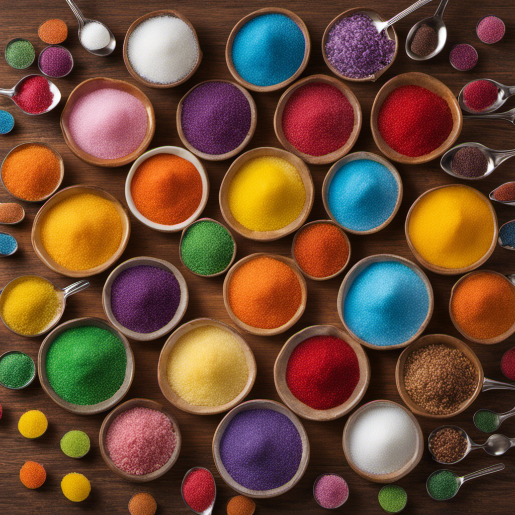 An image showcasing a colorful array of 39 grams of sugar, artistically arranged in a small bowl, with four teaspoons placed next to it, symbolizing the recommended daily intake of added sugar