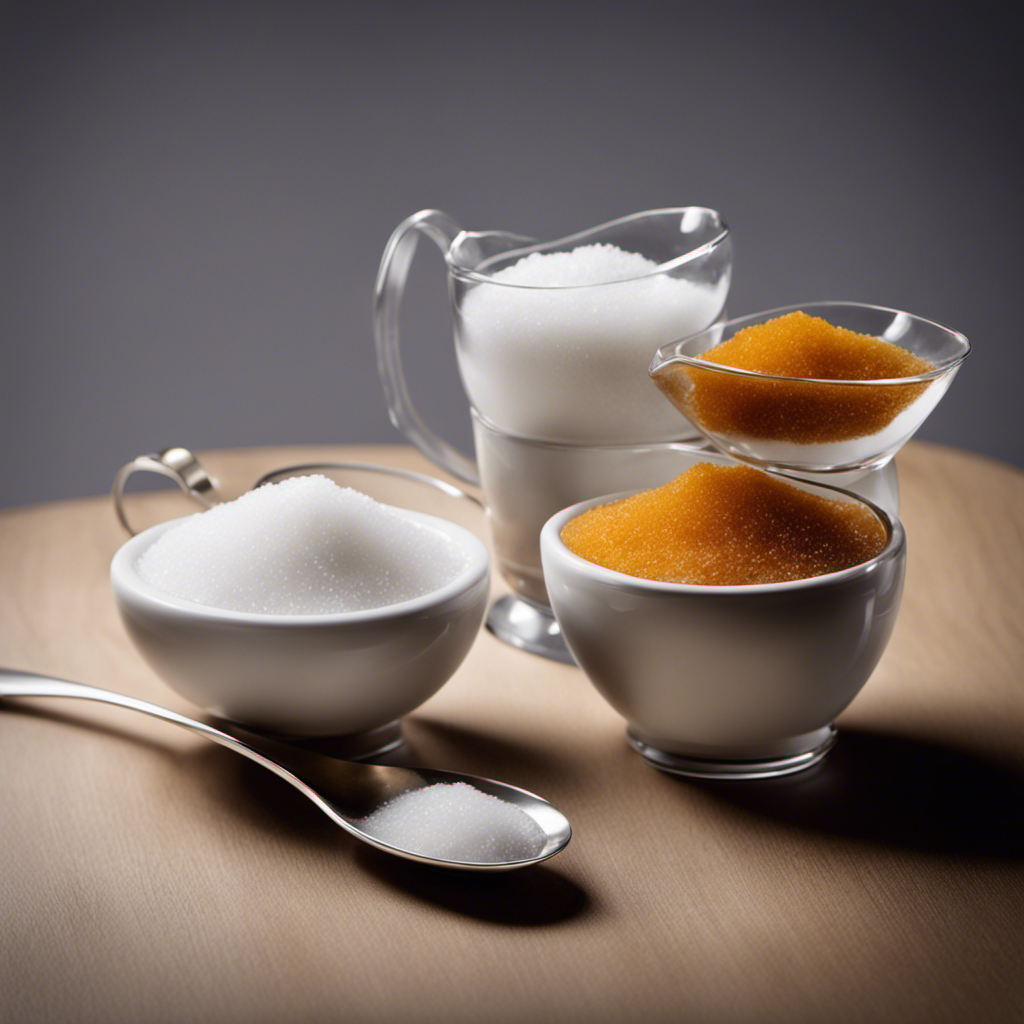 An image showcasing two identical teaspoons filled with table sugar, alongside a transparent measuring cup filled with an equivalent amount of sugar