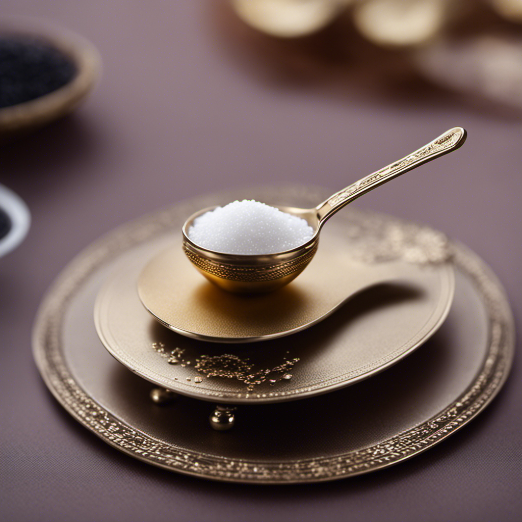 An image showcasing a delicate, miniature teaspoon, filled with granulated sugar up to its brim, gently balanced on a digital weighing scale, clearly indicating 1 gram