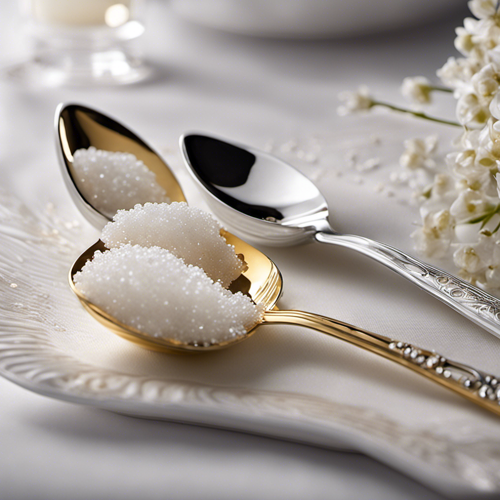 An image showcasing two small, white ceramic teaspoons filled to the brim with sparkling granulated sugar