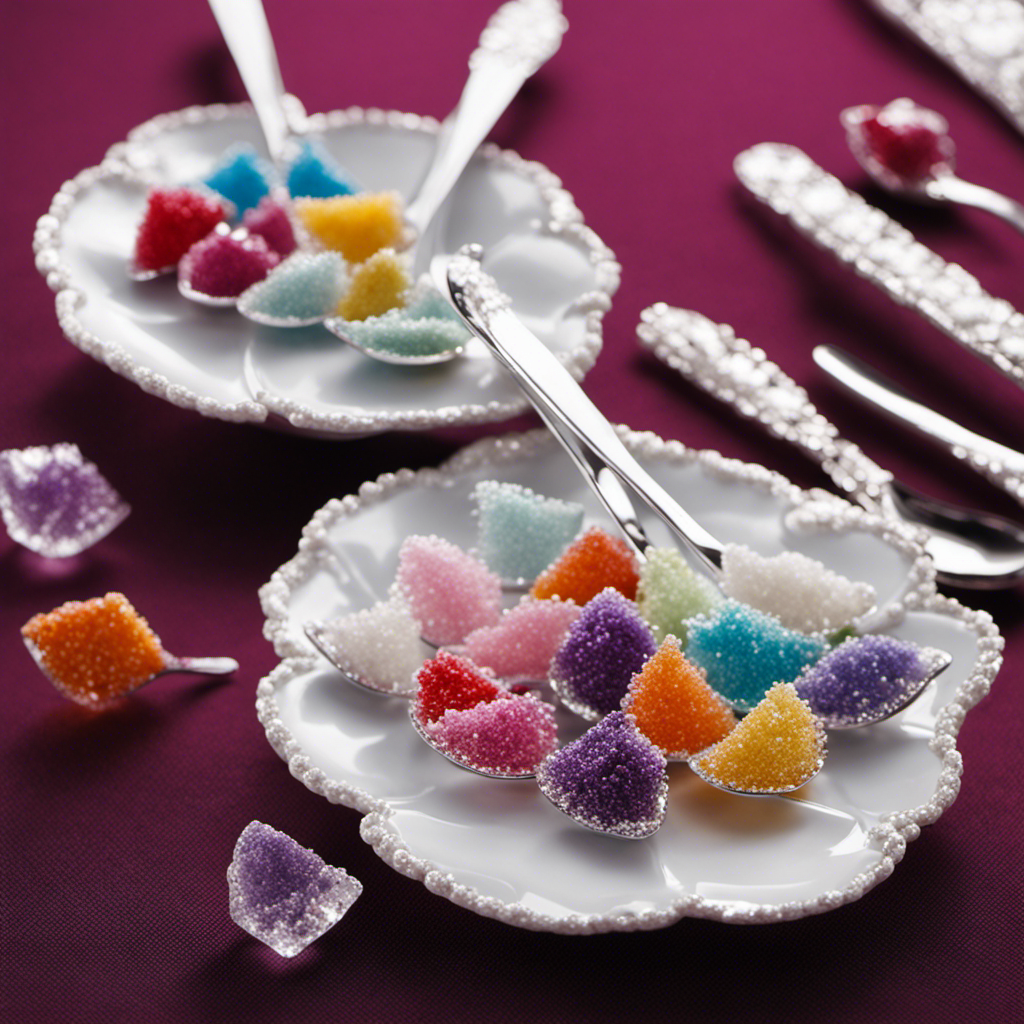 An image showcasing three delicate porcelain teaspoons, each filled to the brim with vibrant, crystalized sugar cubes