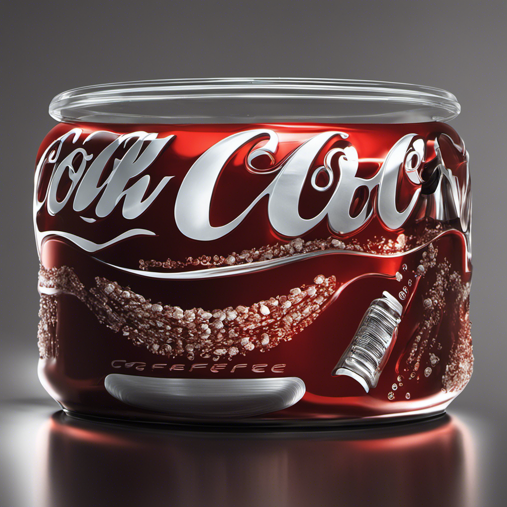 An image depicting a can of caffeine-free Coke pouring out its contents into a transparent container, revealing the precise amount of sugar measured in teaspoons