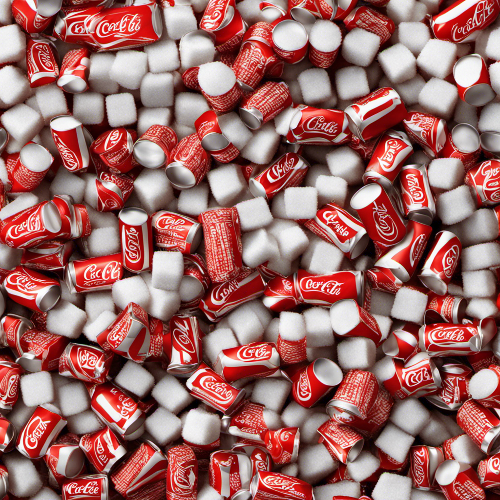 An image that vividly portrays the shocking amount of sugar in a can of Coke: a towering stack of white sugar cubes, meticulously balanced to represent the exact number of teaspoons found in a single can