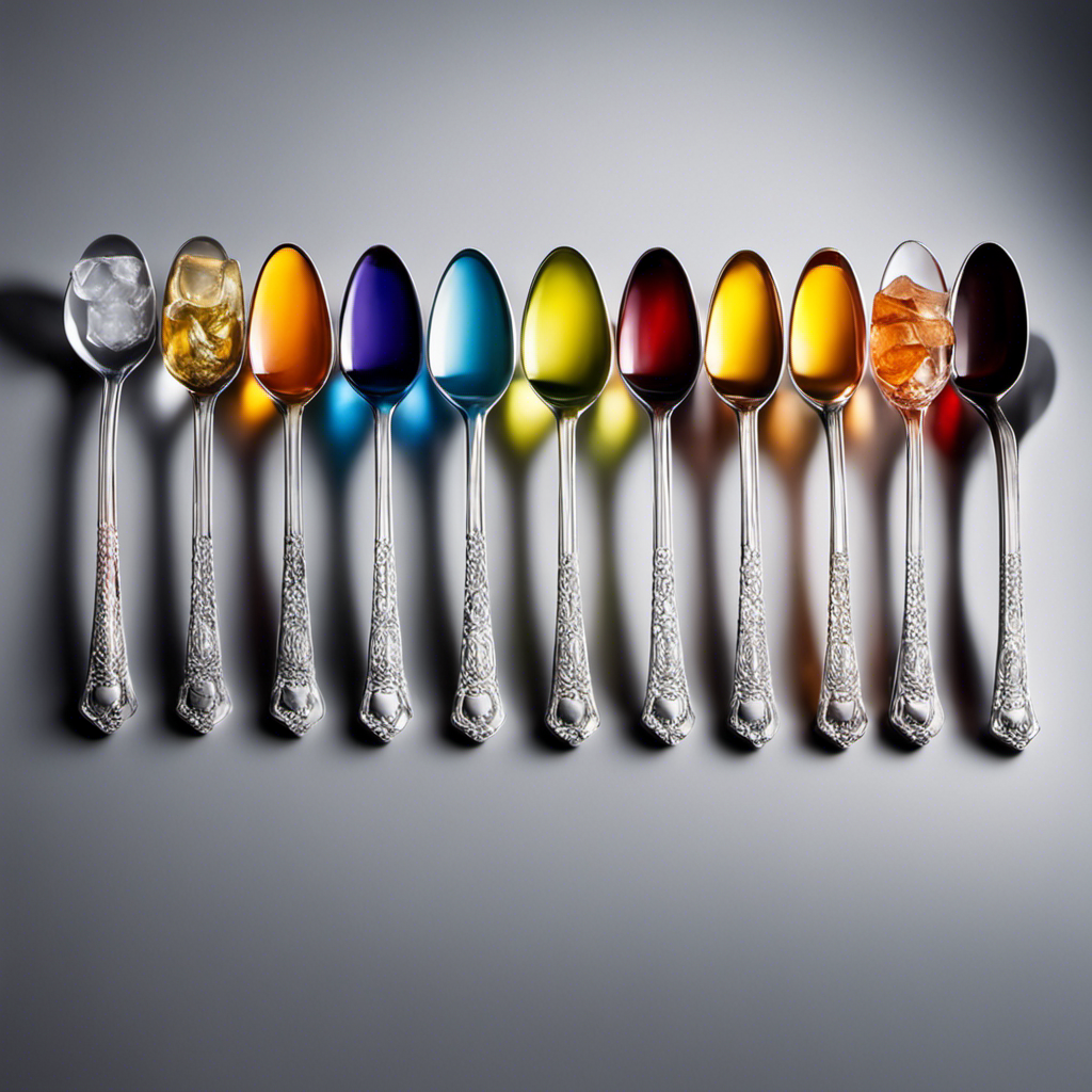 An image featuring a collection of oversized transparent teaspoons, each filled with various soft drink flavors, showcasing the exact amount of sugar present in each beverage
