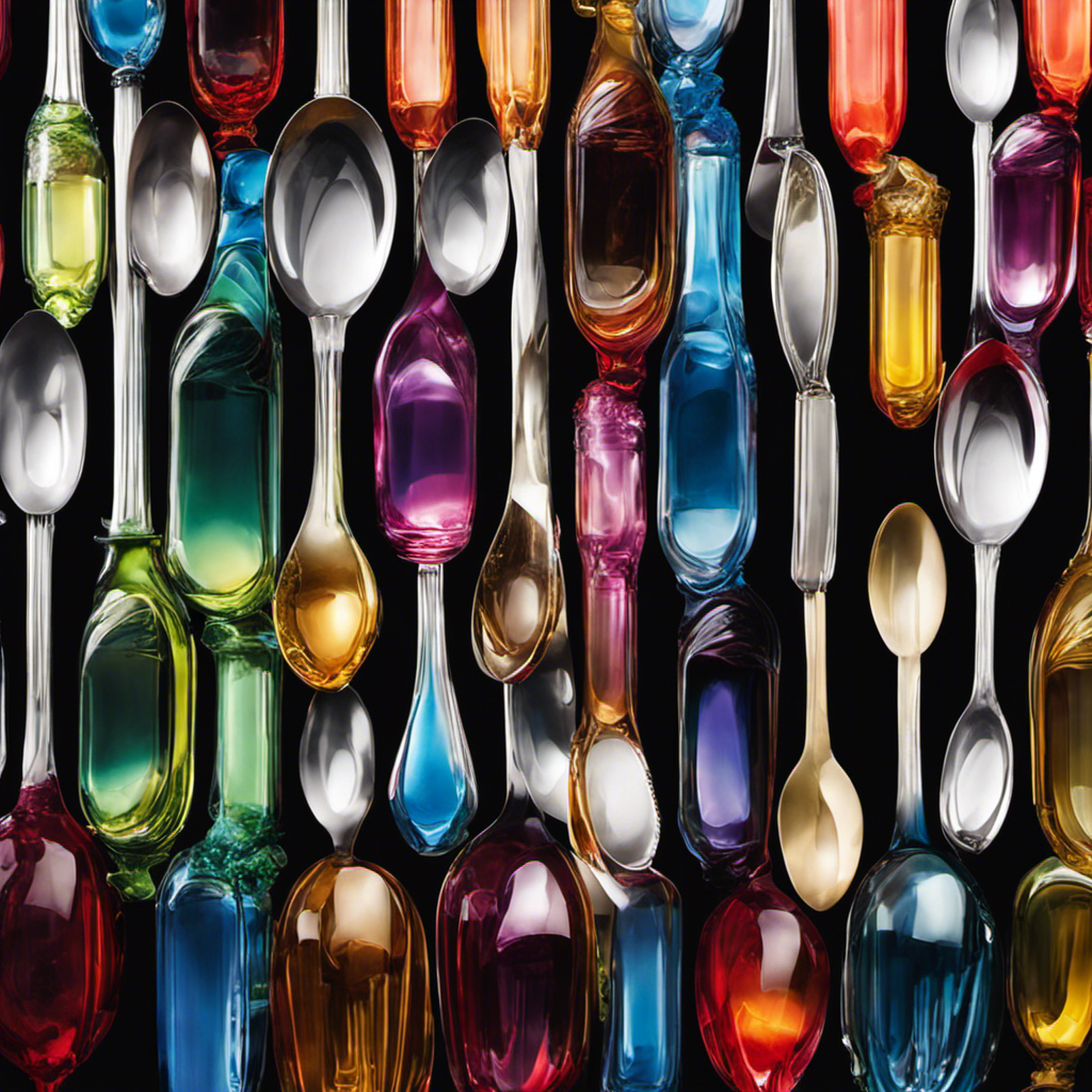An image featuring a collection of oversized transparent teaspoons, each filled with various soft drink flavors, showcasing the exact amount of sugar present in each beverage