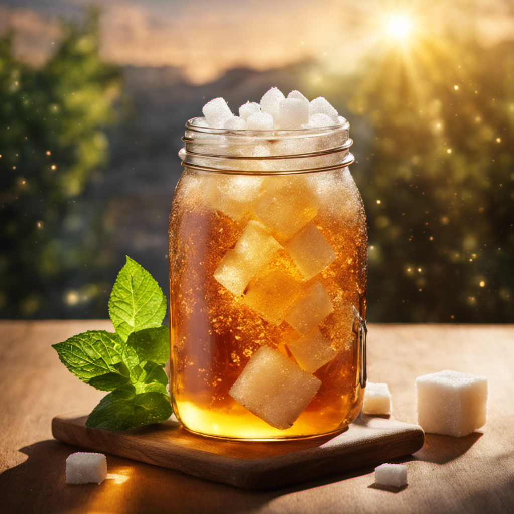 An image showcasing a glass filled with refreshing Kombucha tea, surrounded by heaps of sugar cubes