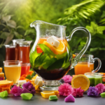 An image showcasing a glass pitcher filled with freshly brewed kombucha tea, with a vibrant assortment of colorful sugar cubes delicately balanced on the rim