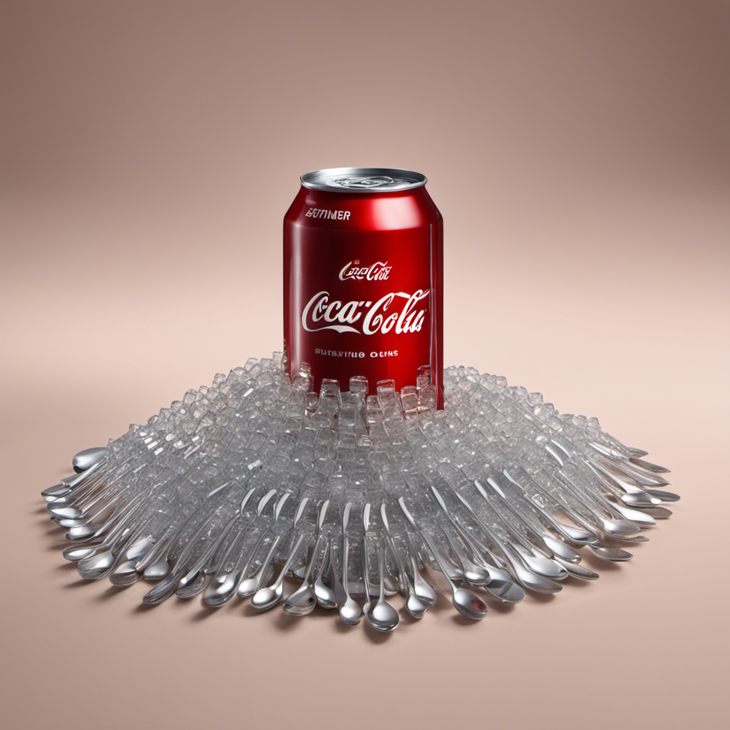 An image showcasing a transparent glass filled with a Coca Cola 12 oz can, alongside a neat pile of teaspoons