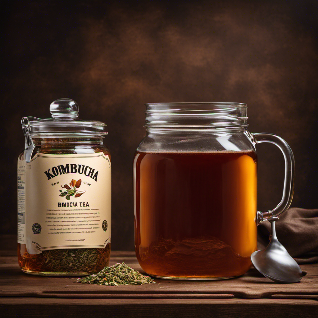 An image showcasing a glass gallon jar filled with brewed tea kombucha, accompanied by a measuring cup pouring precisely 1 cup of sugar into the jar