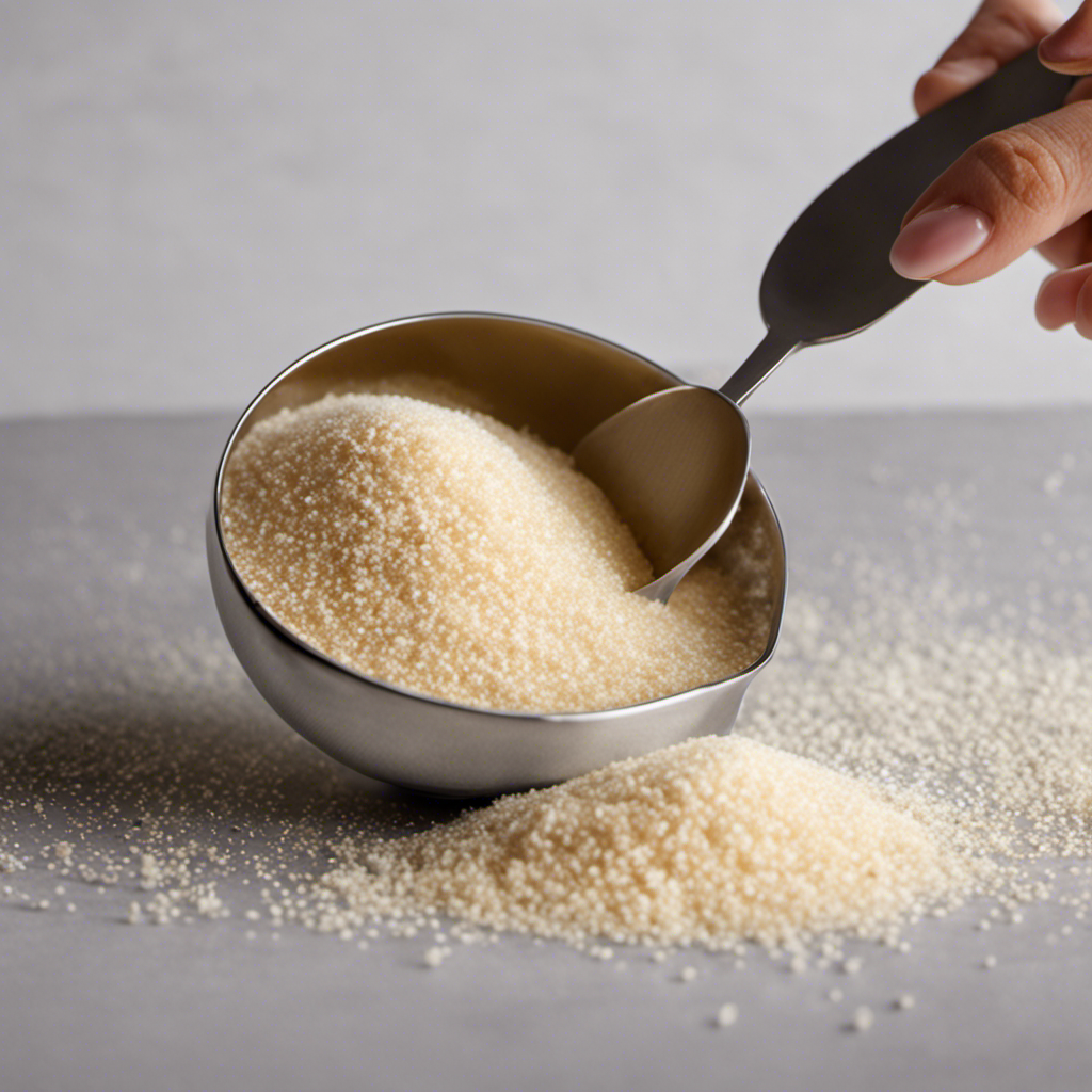 An image showcasing a clear glass measuring spoon filled to the brim with 3 teaspoons of fluffy, granulated yeast
