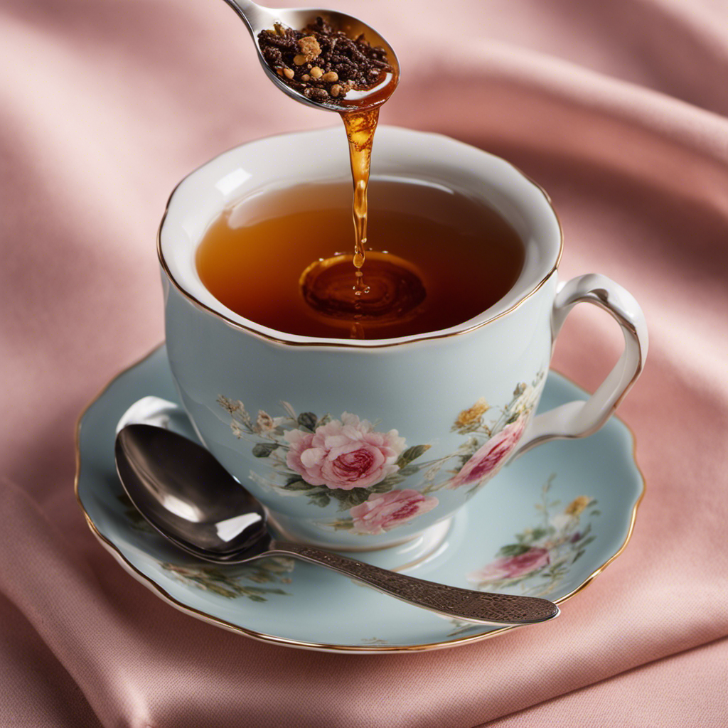 An image of a teaspoon held over a cup of tea, with a mound of sugar gently pouring out of it, gradually dissolving into the tea, demonstrating the precise amount needed for a perfect balance of sweetness