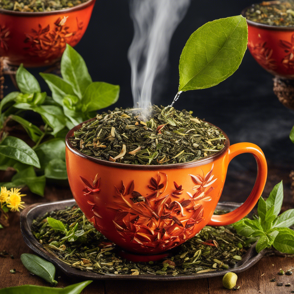 An image showcasing a vibrant, overflowing cup of Yerba Mate tea, surrounded by a variety of tea leaves and herbs
