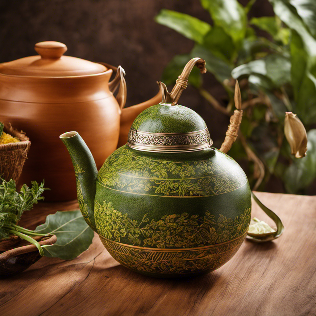 An image showcasing a traditional South American gourd filled with rich, vibrant yerba mate leaves, steeping in a delicate stream of hot water, capturing the essence of how much tea is in yerba mate